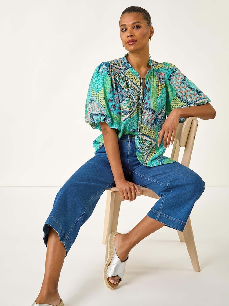 Roman Blue Patchwork Print Tie Front Blouse - Image 2 of 5