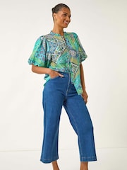 Roman Blue Patchwork Print Tie Front Blouse - Image 3 of 5