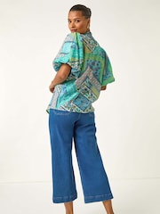 Roman Blue Patchwork Print Tie Front Blouse - Image 4 of 5