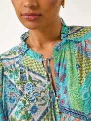 Roman Blue Patchwork Print Tie Front Blouse - Image 5 of 5