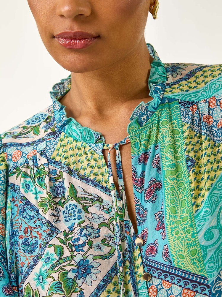 Roman Blue Patchwork Print Tie Front Blouse - Image 5 of 5