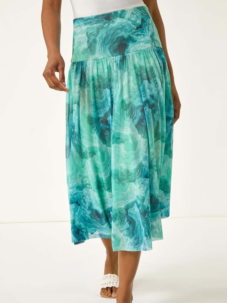 Roman Blue Marble Print Mesh Layer Skirt - Image 1 of 5