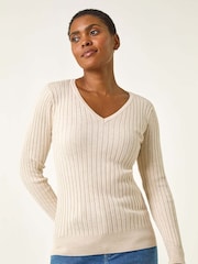 Roman White V-Neck Ribbed Knit Jumper - Image 1 of 5