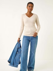 Roman White V-Neck Ribbed Knit Jumper - Image 2 of 5