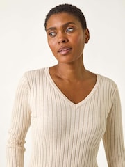 Roman White V-Neck Ribbed Knit Jumper - Image 4 of 5