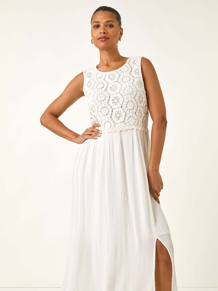 Roman White Crochet Bodice Midi Dress - Image 2 of 5 Roman White Crochet Bodice Midi Dress - Image 2 of 5