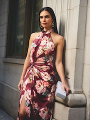 Adrianna Papell Printed Satin Long Brown Dress - Image 6 of 6