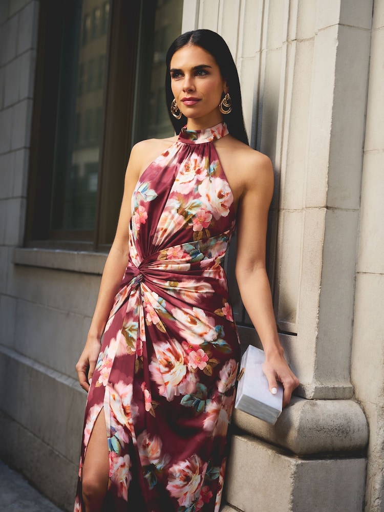 Adrianna Papell Printed Satin Long Brown Dress - Image 6 of 6