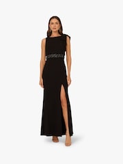 Adrianna Papell Crepe Popover Bead Black Gown - Image 1 of 6