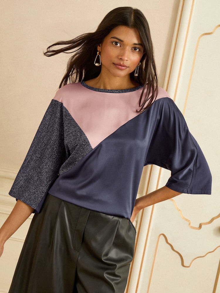 Love & Roses Navy Pink and Sparkly Satin Front V-Neck Short Sleeve Top - Image 1 of 4 Love & Roses Navy Pink and Sparkly Satin Front V-Neck Short Sleeve Top - Image 1 of 4