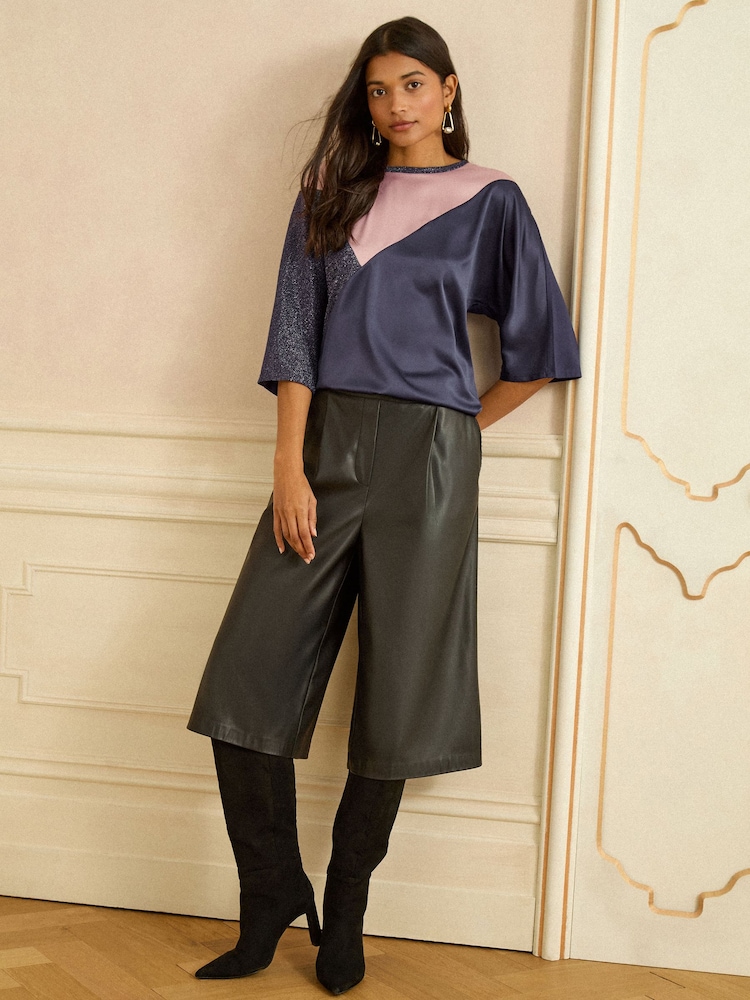 Love & Roses Navy Pink and Sparkly Satin Front V-Neck Short Sleeve Top - Image 4 of 4 Love & Roses Navy Pink and Sparkly Satin Front V-Neck Short Sleeve Top - Image 4 of 4