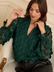 Love & Roses Dark Green Petite 3D Spot Long Sleeve Blouse - Image 1 of 4