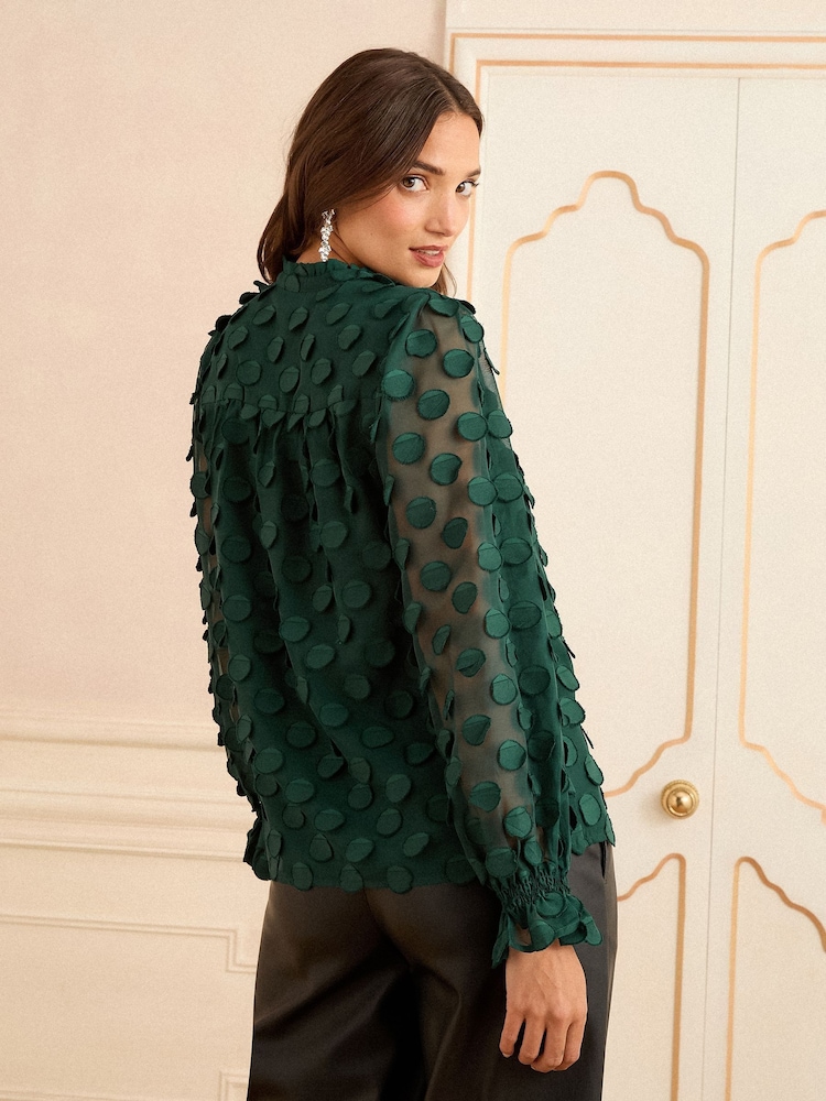 Love & Roses Dark Green Petite 3D Spot Long Sleeve Blouse - Image 2 of 4