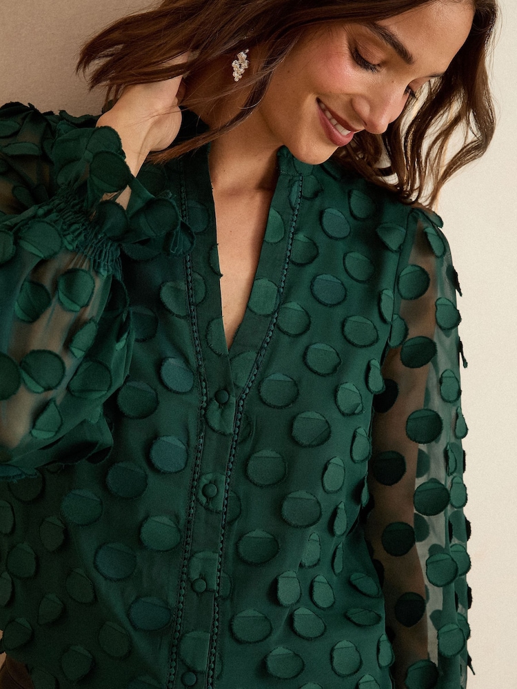 Love & Roses Dark Green Petite 3D Spot Long Sleeve Blouse - Image 4 of 4 Love & Roses Dark Green Petite 3D Spot Long Sleeve Blouse - Image 4 of 4