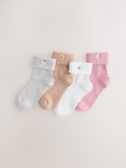 Pink, Grey and Cream Cotton Rich Embroidered Roll Top Ankle Socks 4 Pack - Image 1 of 3