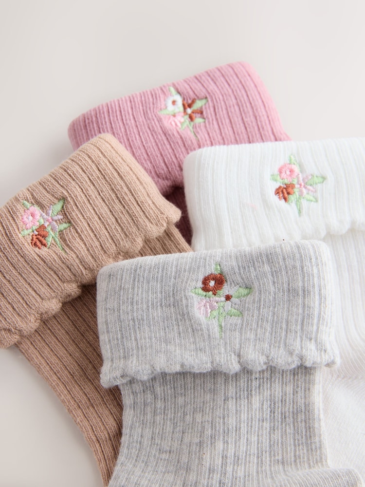 Pink, Grey and Cream Cotton Rich Embroidered Roll Top Ankle Socks 4 Pack - Image 2 of 3