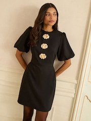 Love & Roses Black Puff Sleeve Gold Button Mini Dress - Image 1 of 4