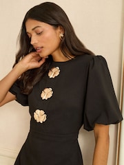 Love & Roses Black Puff Sleeve Gold Button Mini Dress - Image 2 of 4