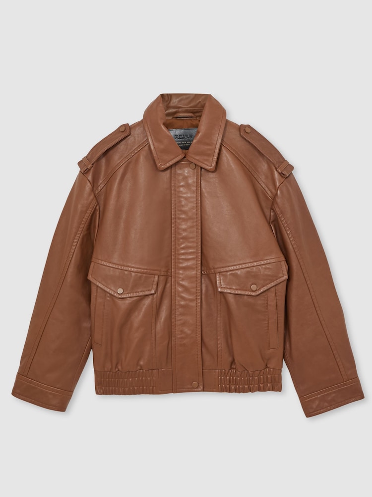 Reiss Tan Peyton Oversized Leather Jacket - Image 2 of 7