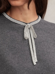 Reiss Grey Ria Wool-Blend Crystal-Bow Knit Mini Dress with Cashmere - Image 4 of 6