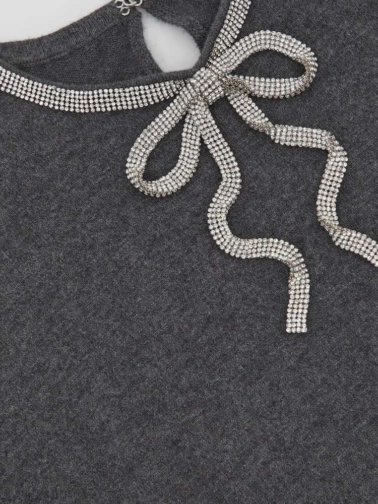 Reiss Grey Ria Wool-Blend Crystal-Bow Knit Mini Dress with Cashmere - Image 6 of 6 Reiss Grey Ria Wool-Blend Crystal-Bow Knit Mini Dress with Cashmere - Image 6 of 6