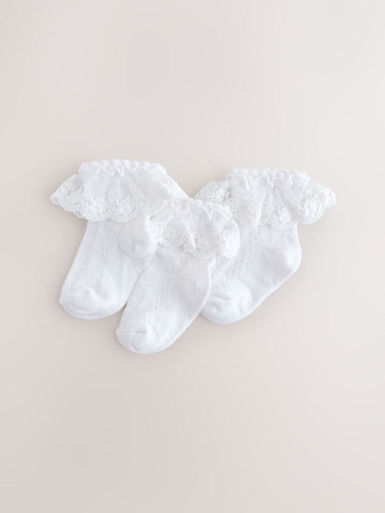 White Lace Baby Socks 3 Pack (0mths-2yrs) - Image 1 of 3 White Lace Baby Socks 3 Pack (0mths-2yrs) - Image 1 of 3