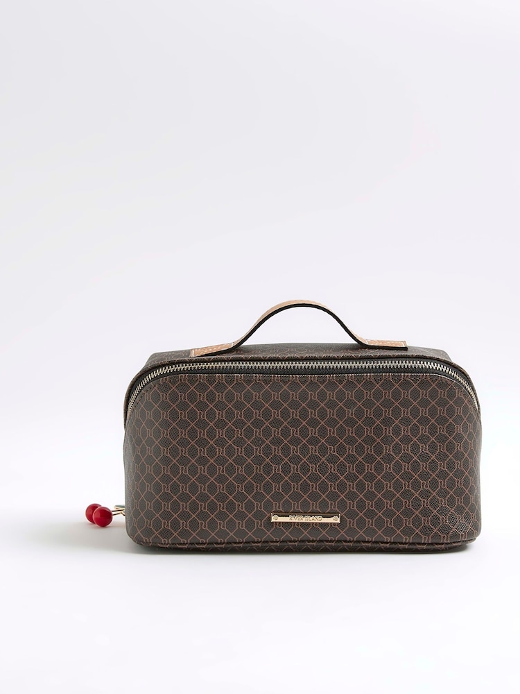 River Island Brown Monogram Charm Make-Up Bag - Image 1 of 5 River Island Brown Monogram Charm Make-Up Bag - Image 1 of 5