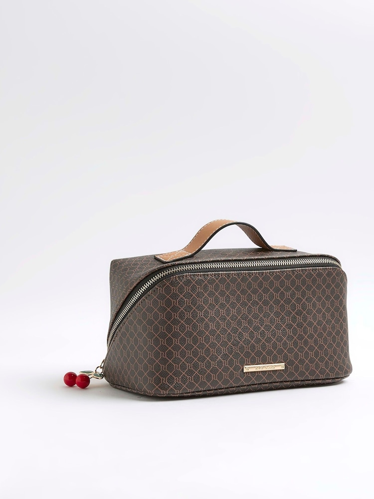 River Island Brown Monogram Charm Make-Up Bag - Image 2 of 5 River Island Brown Monogram Charm Make-Up Bag - Image 2 of 5