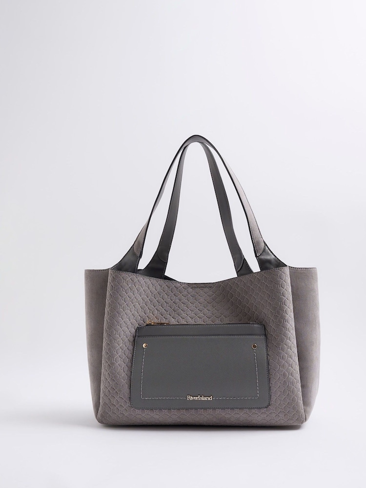 River Island Grey Pocket Embossed Shopper Bag - Image 1 of 6 River Island Grey Pocket Embossed Shopper Bag - Image 1 of 6