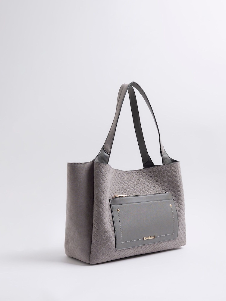 River Island Grey Pocket Embossed Shopper Bag - Image 2 of 6 River Island Grey Pocket Embossed Shopper Bag - Image 2 of 6