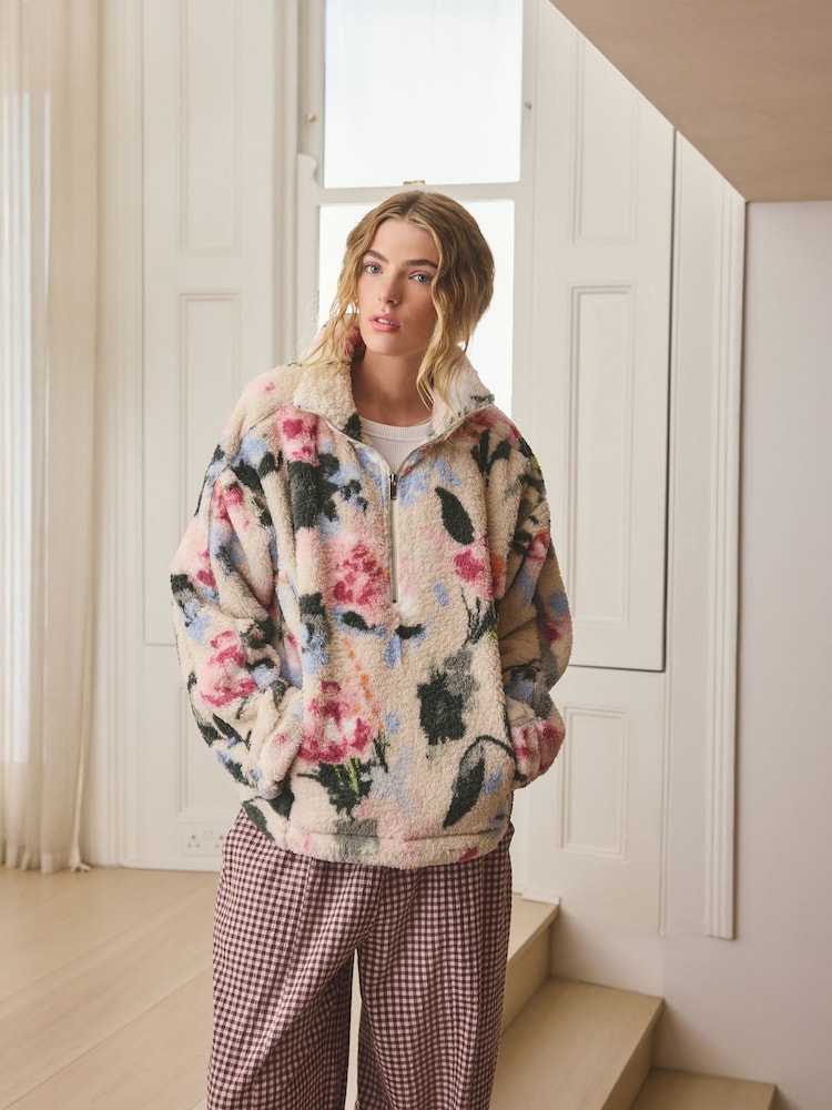 Cream Floral Borg Half Zip Fleece - Image 1 of 9