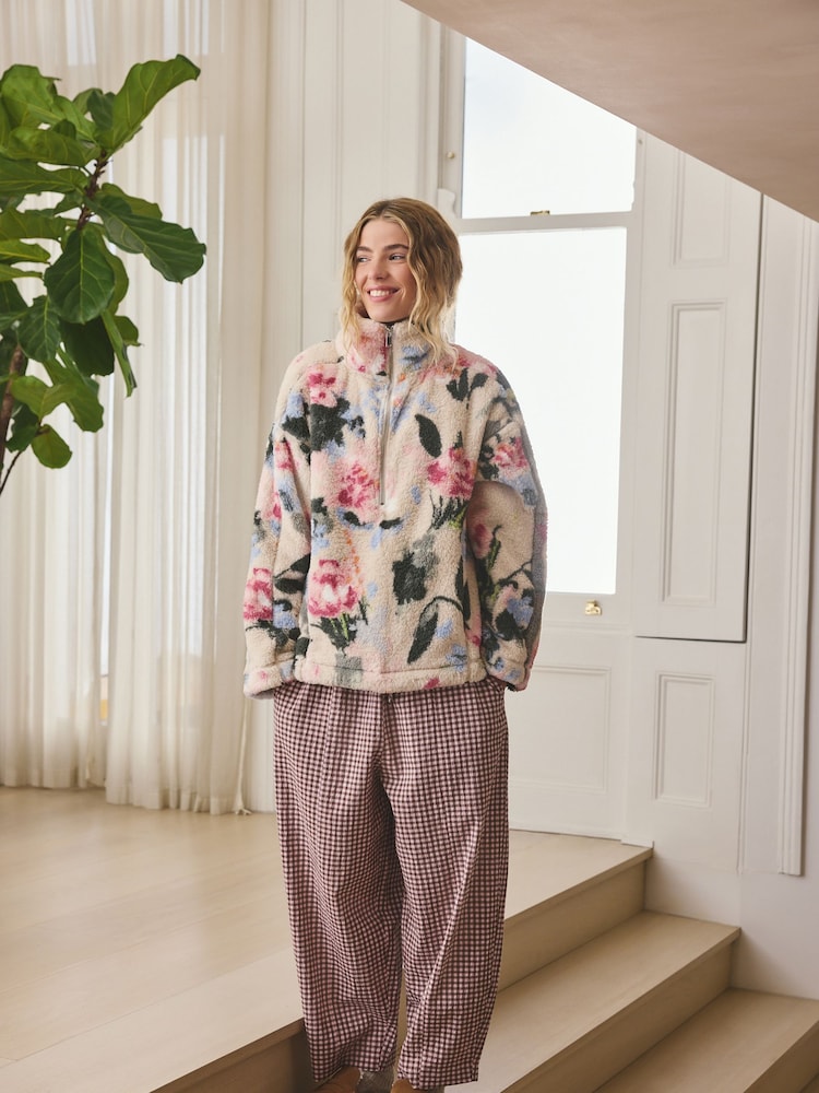 Cream Floral Borg Half Zip Fleece - Image 2 of 9