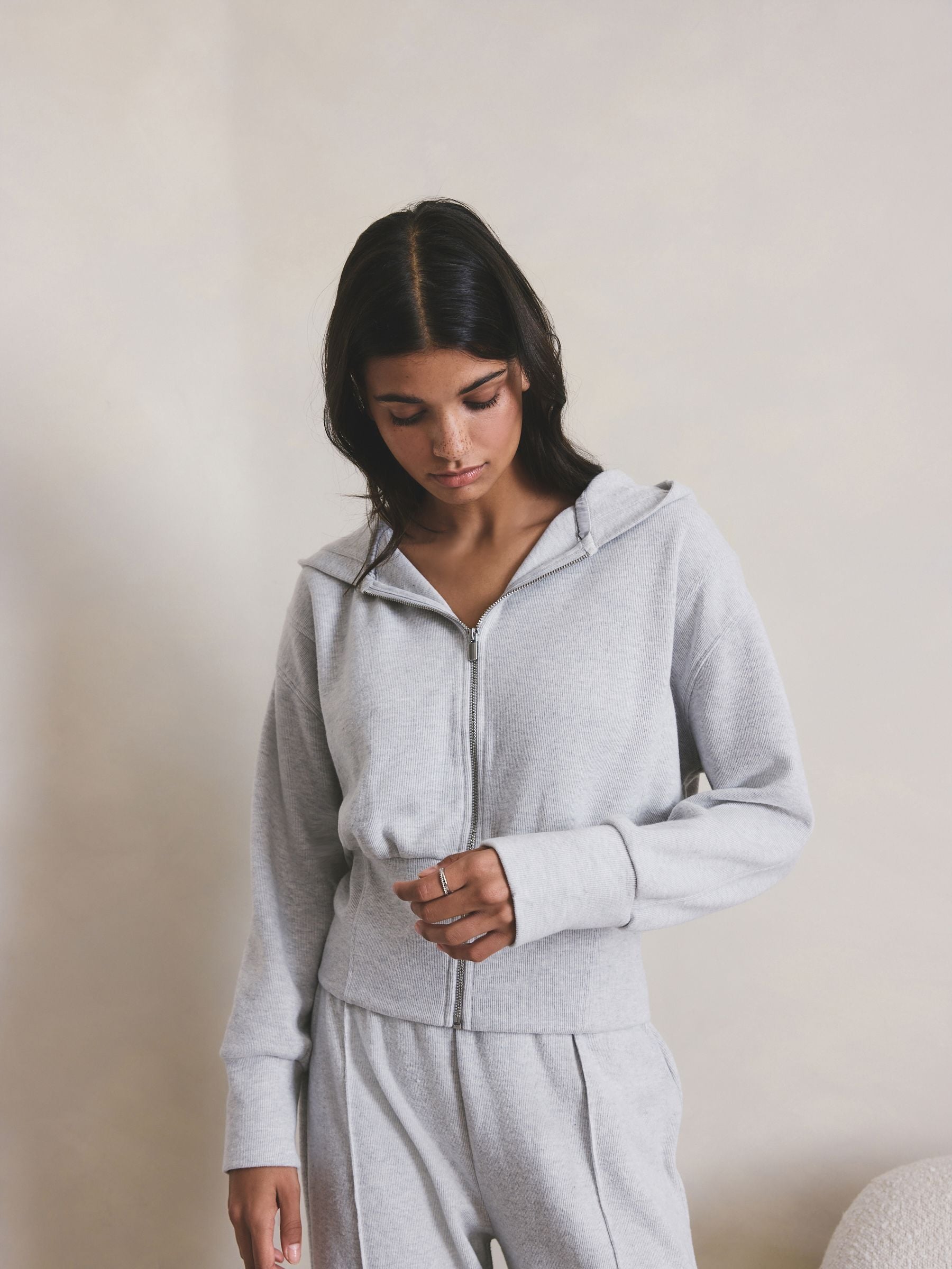 Buy Grey Ribbed Full Zip Hoodie from Next USA
