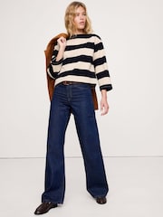 Banana Republic Navy Blue/Cream Stripe Relaxed Cotton Boat-Neck T-Shirt - Image 1 of 1