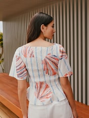 Ecru Shell Print Smocked Slash Neck Short Sleeve Top - Image 4 of 8