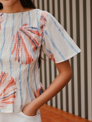 Ecru Shell Print Smocked Slash Neck Short Sleeve Top - Image 5 of 8