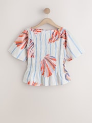 Ecru Shell Print Smocked Slash Neck Short Sleeve Top - Image 6 of 8