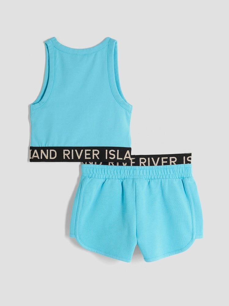 River Island Blue Girls Glitter RI Waistband Tank Top Set - Image 2 of 5 River Island Blue Girls Glitter RI Waistband Tank Top Set - Image 2 of 5