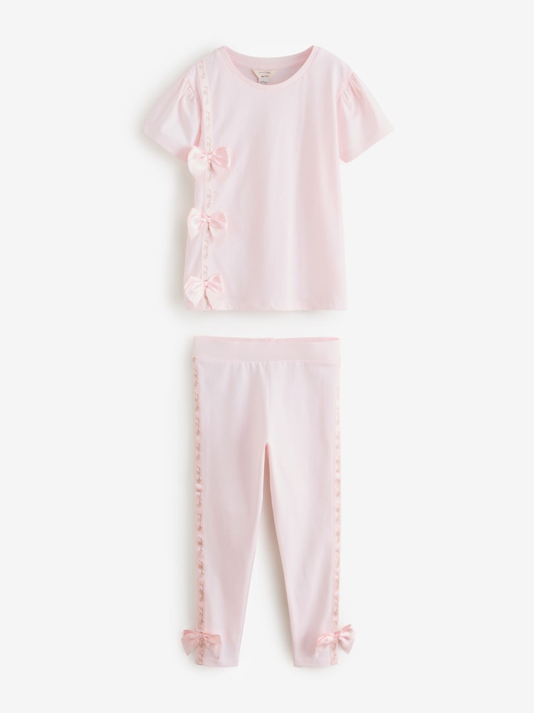 River Island Pink Girls Branded Bow T-Shirt Set - Image 1 of 1