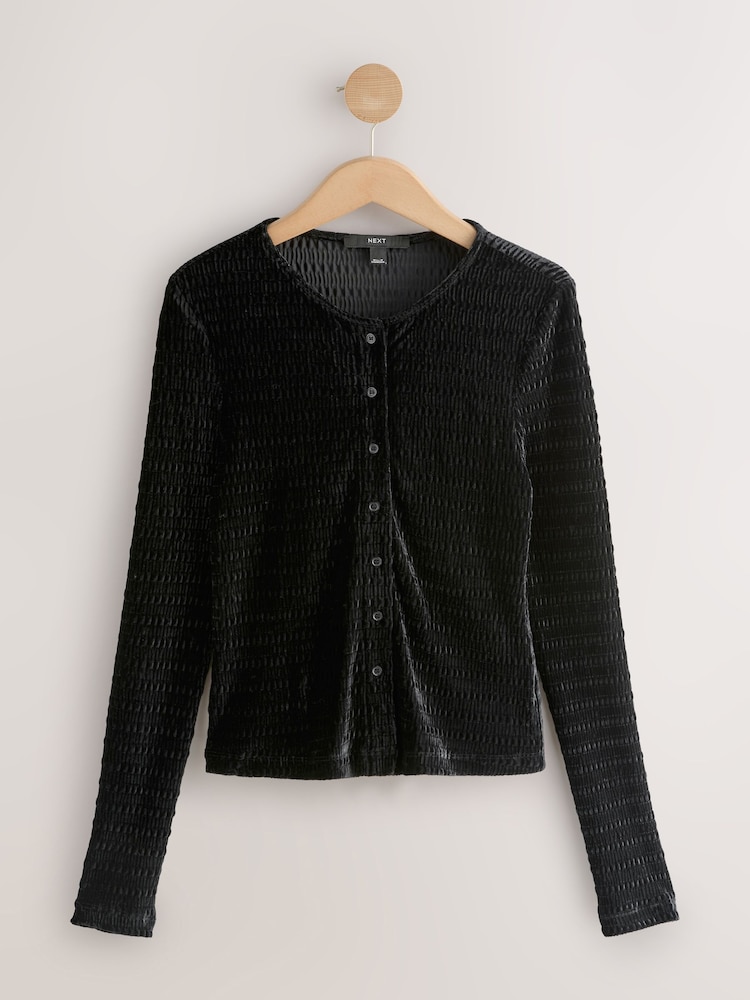 Black Velvet Long Sleeve Shirred Cardigan - Image 1 of 3