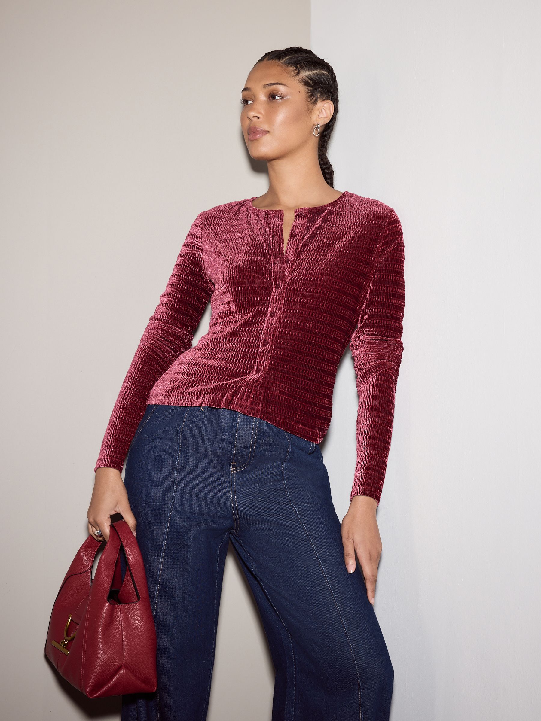 Buy Burgundy Red Velvet Long Sleeve Shirred Cardigan from Next USA