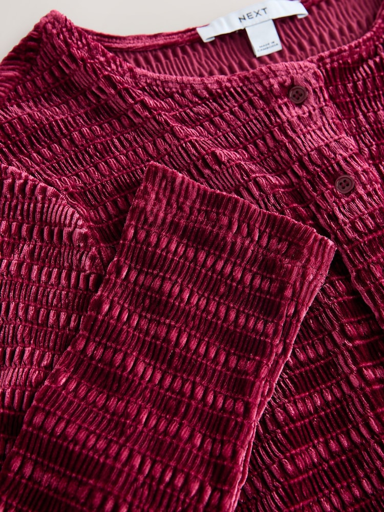 Burgundy Red Velvet Long Sleeve Shirred Cardigan - Image 7 of 7