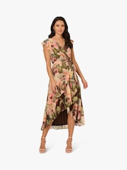 Adrianna Papell Floral Print Hi Low Midi Brown Dress - Image 1 of 6