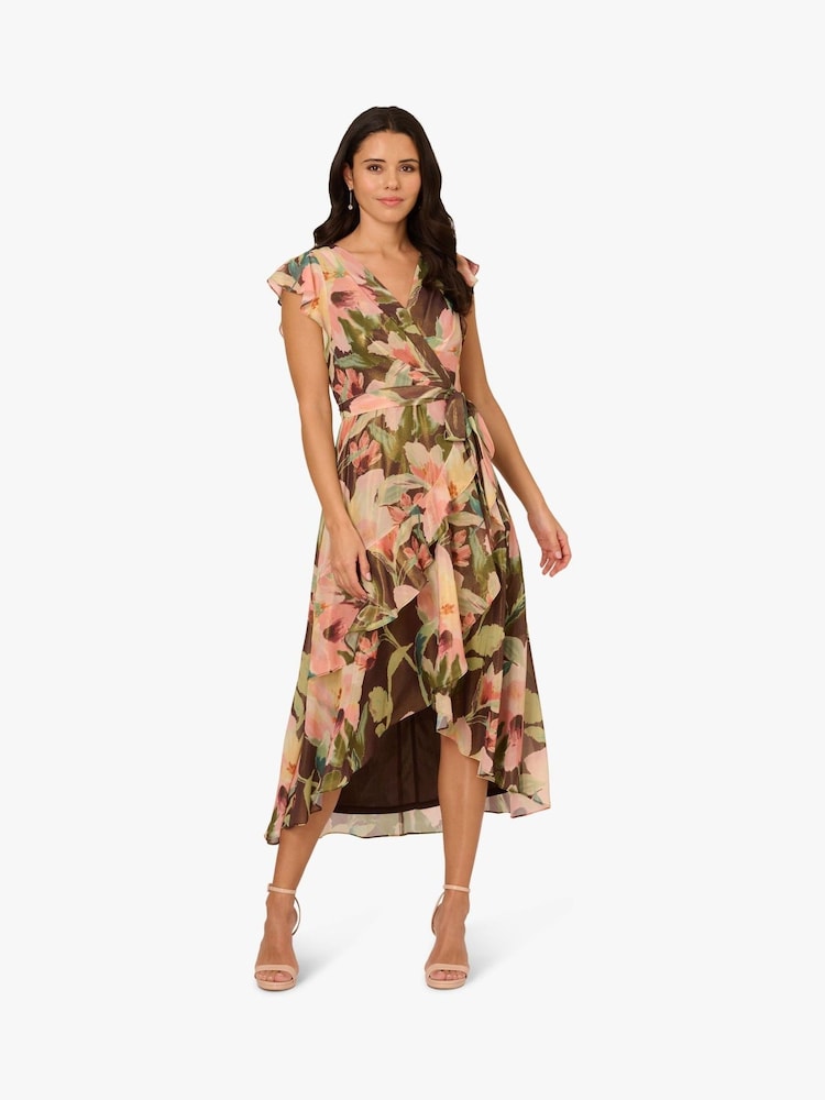 Adrianna Papell Floral Print Hi Low Midi Brown Dress - Image 1 of 6