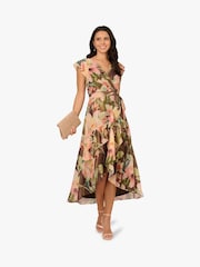Adrianna Papell Floral Print Hi Low Midi Brown Dress - Image 4 of 6