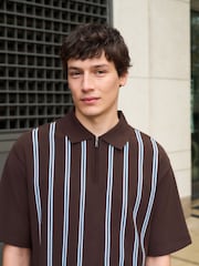 Blue/Brown Vertical Stripe Quarter Zip Polo Shirt - Image 1 of 7