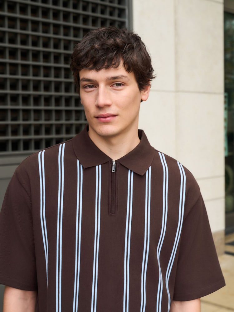 Blue/Brown Vertical Stripe Quarter Zip Polo Shirt - Image 1 of 7