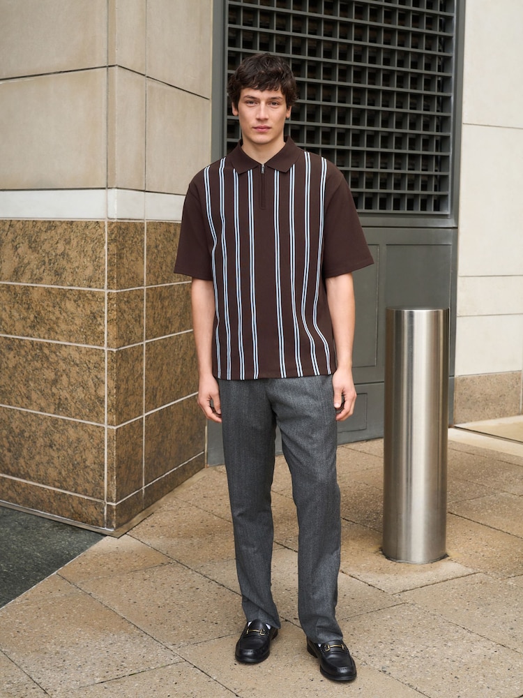 Blue/Brown Vertical Stripe Quarter Zip Polo Shirt - Image 2 of 7