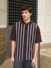 Blue/Brown Vertical Stripe Quarter Zip Polo Shirt - Image 4 of 7