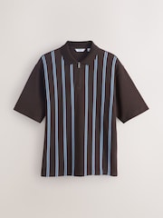 Blue/Brown Vertical Stripe Quarter Zip Polo Shirt - Image 5 of 7